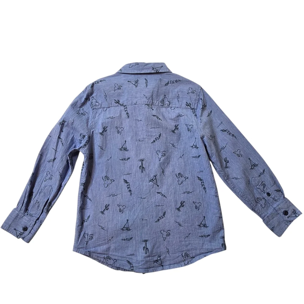 Wonder Nation Denim Blue Western Print Long Sleeve Button Down Shirt Boy's Small